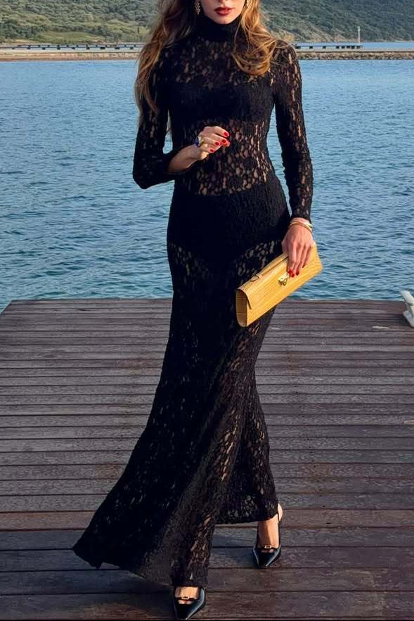 Black Lace Long-Sleeve Maxi Dress Premium Fabric - product view 5