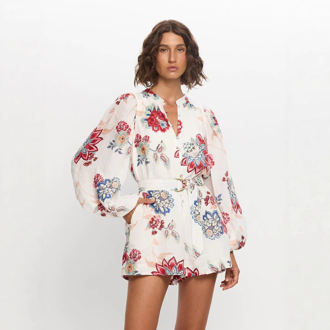 V-neck floral print lantern sleeve jumpsuit - white