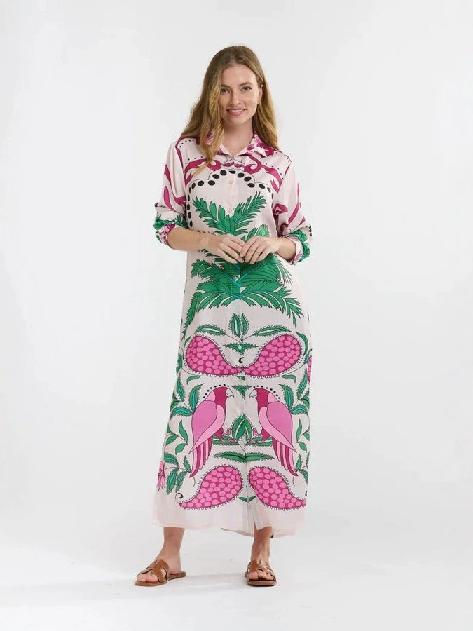 Parrot Palm Print Loose Shirt maxi Dress