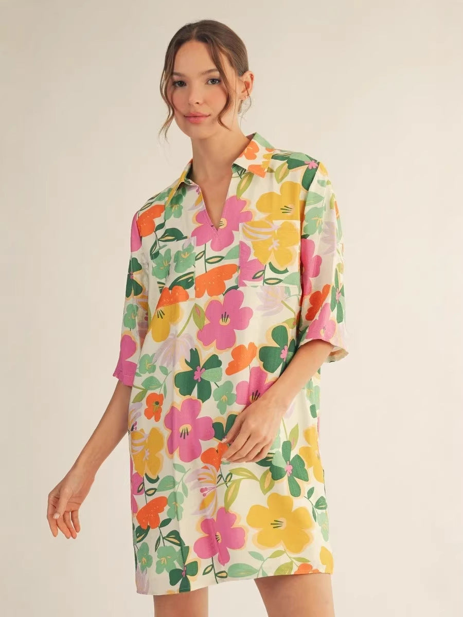 Floral Print Mid-Sleeve mini Dress