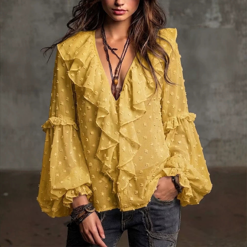 Polka dot print ruffle shirt - yellow