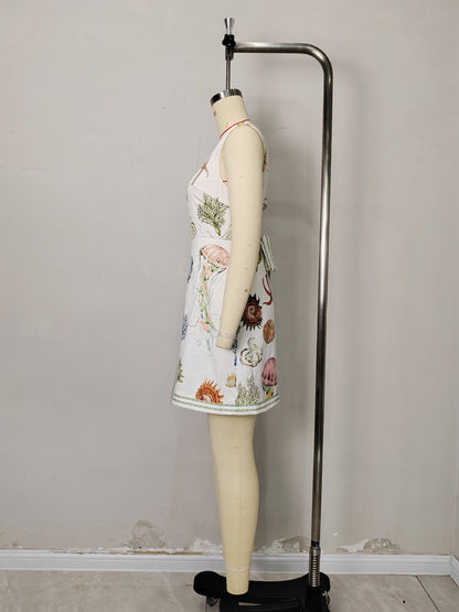 Backless Print Strap Mini Dress - white