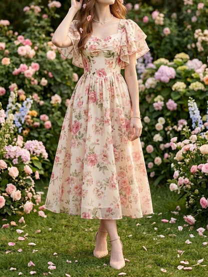 Square neck puff sleeve floral print midi dress