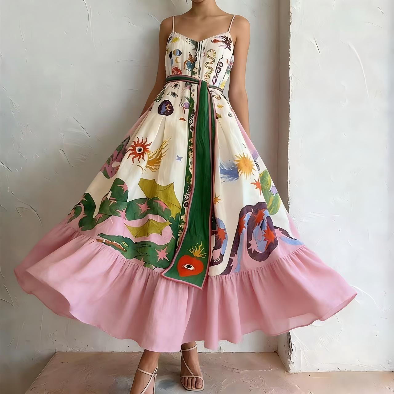 Printed camisole full-sweep maxi dress with ruffled