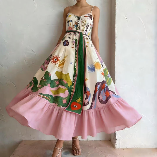 Printed camisole full-sweep maxi dress with ruffled