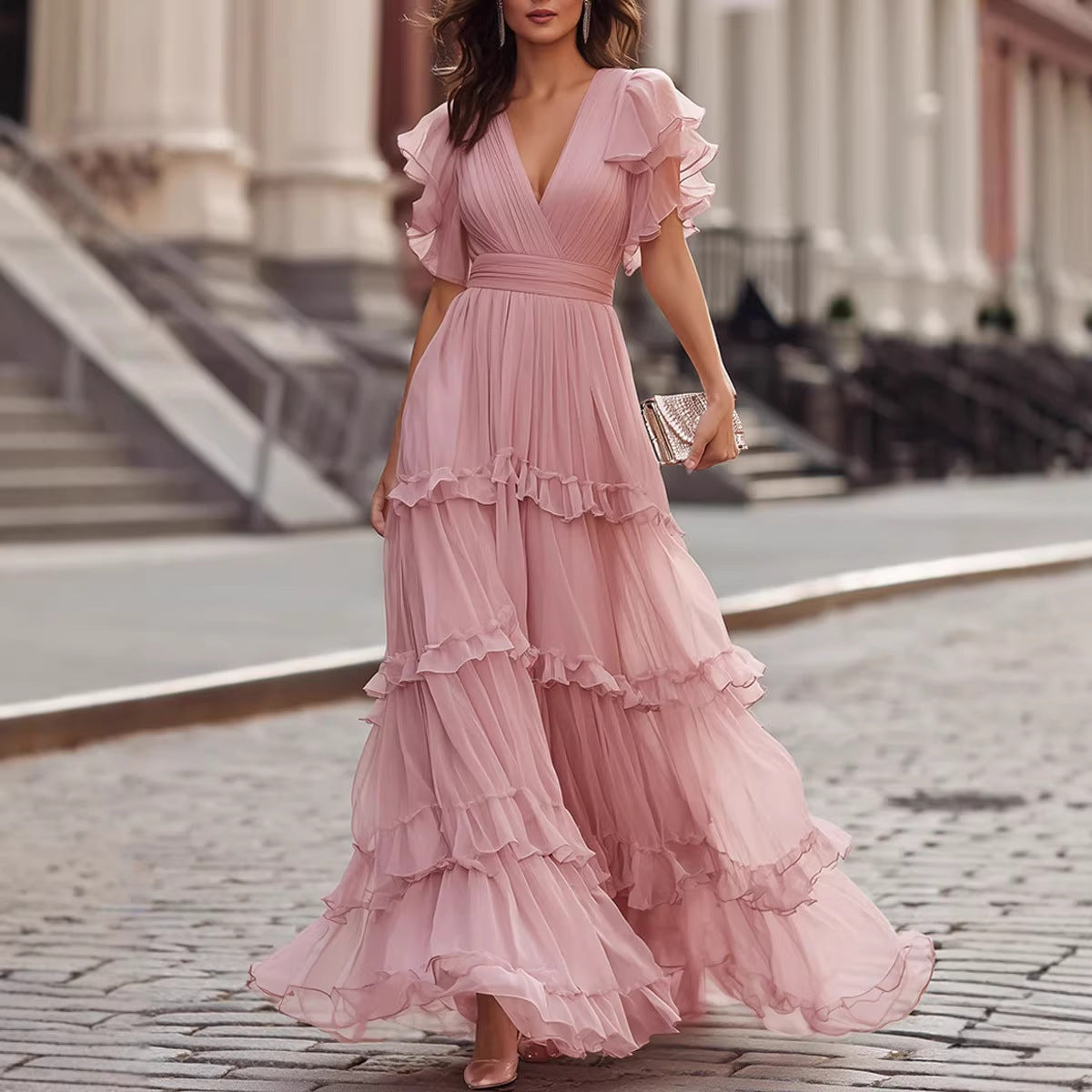 V-neck double-layered ruffled maxi dress