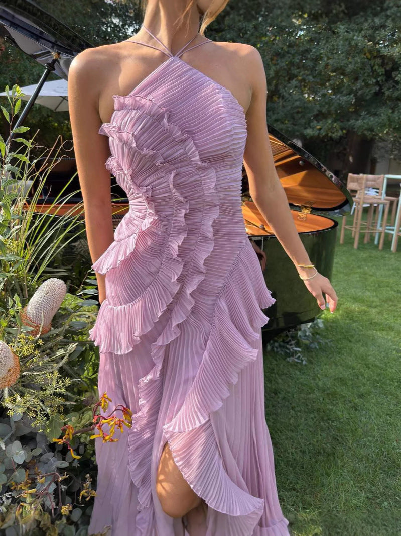 ruffle halter backless maxi dress in pale purple