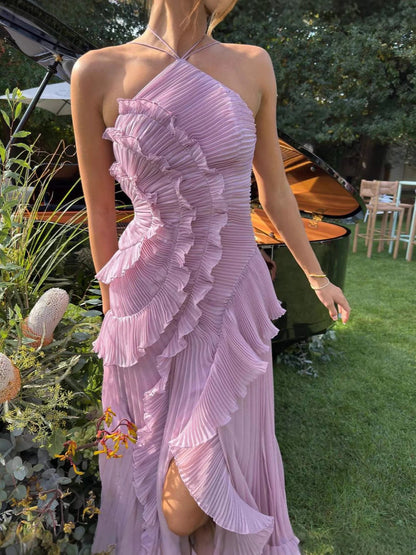 ruffle halter backless maxi dress in pale purple