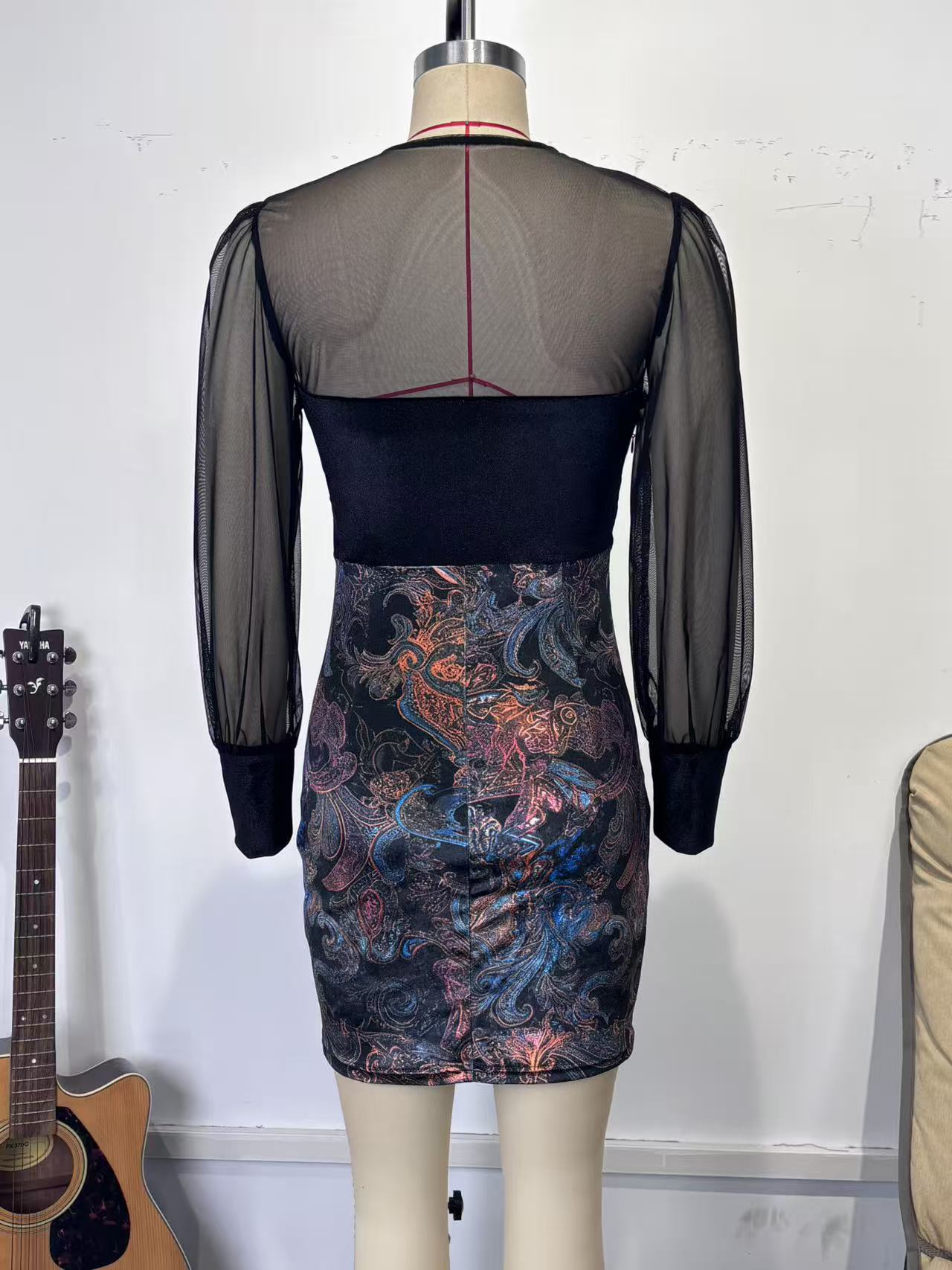 Sheer mesh patchwork bodycon mini dress - black