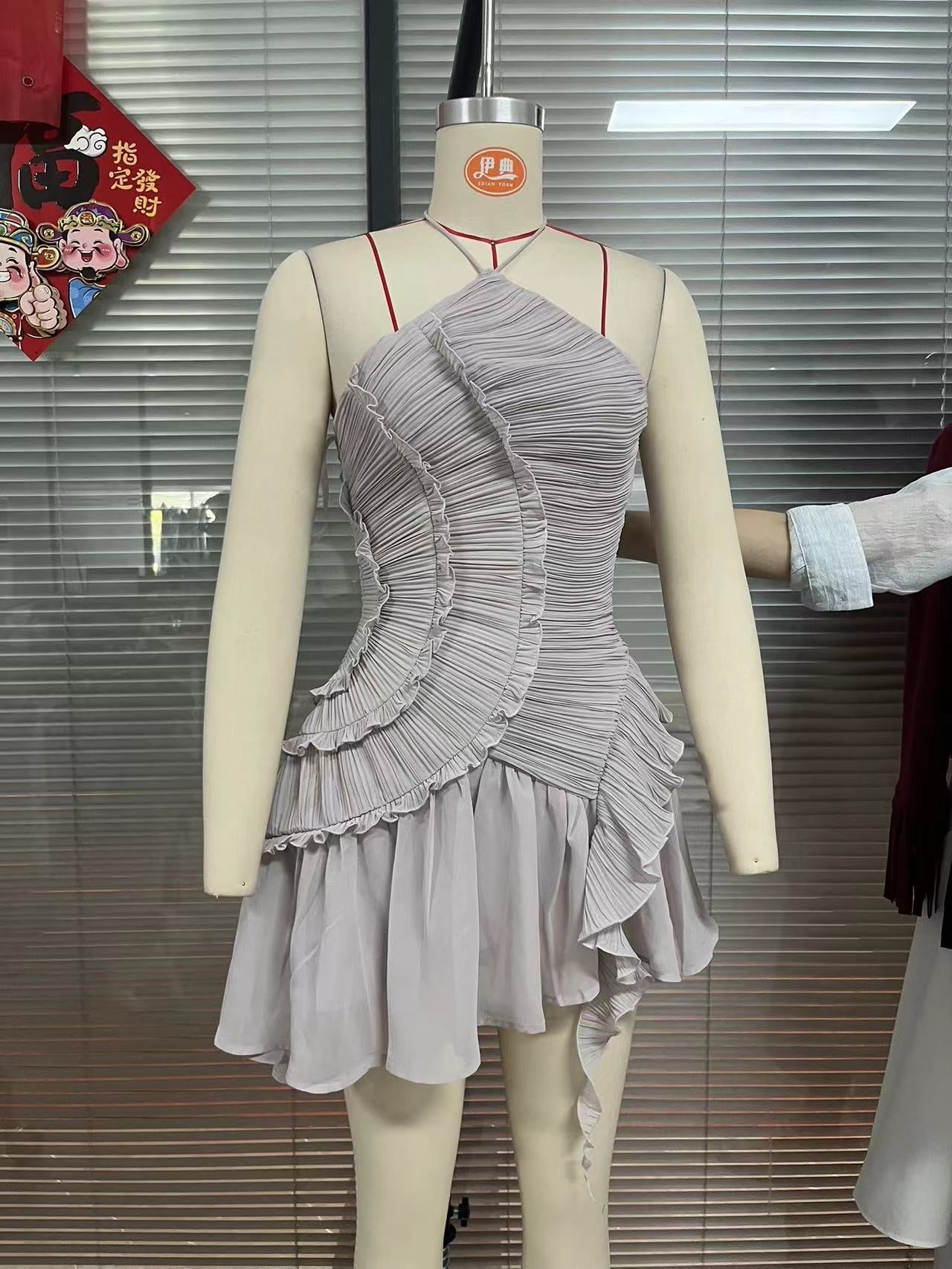 Uexor Halterneck Pleated Ruffle Mini Dress