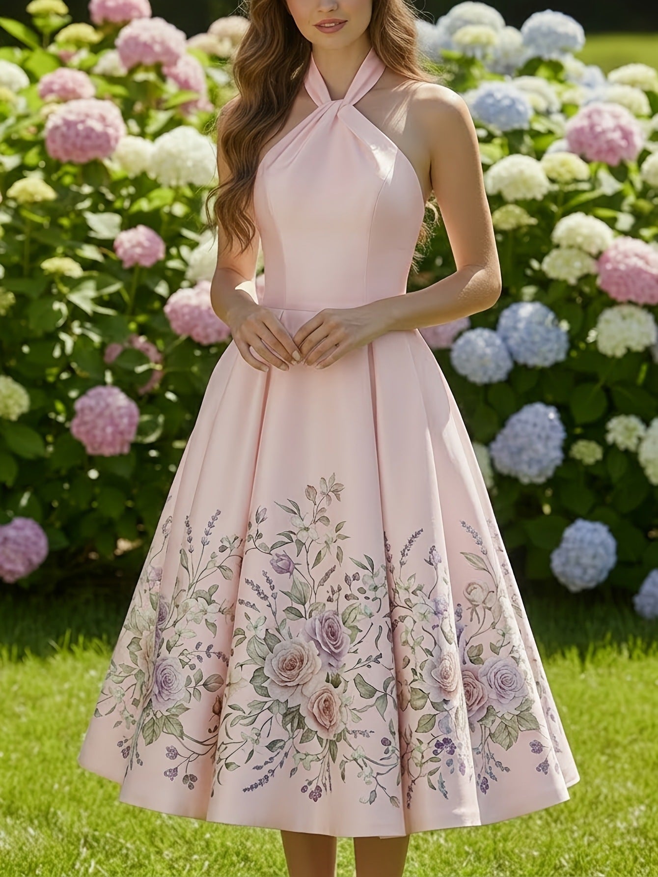 vivien Halter-neck floral print midi dress