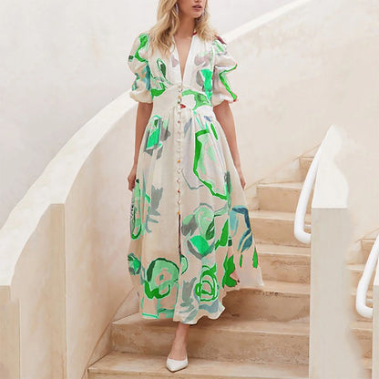 Watercolor Floral Printed Puff Sleeve Button Maxi Dress