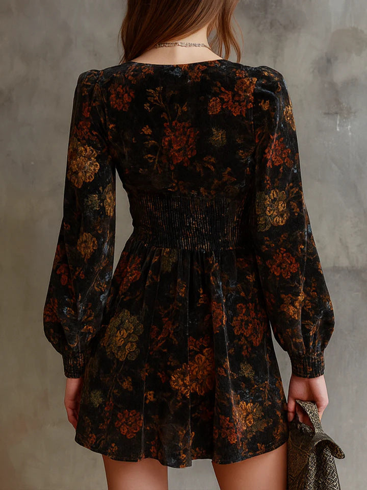 Floral print V-neck velvet mini dress