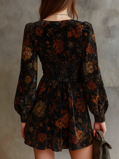 Floral print V-neck velvet mini dress