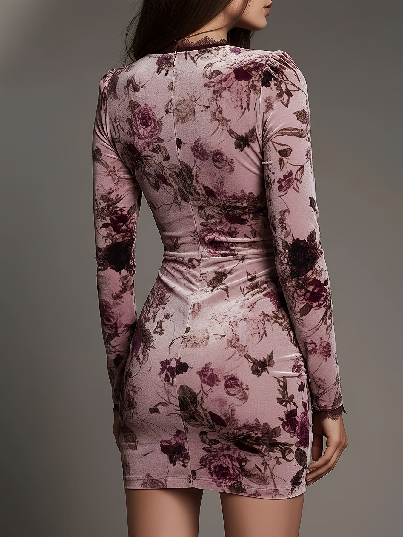 Lace-trimmed printed long-sleeved V-neck bodycon mini dress
