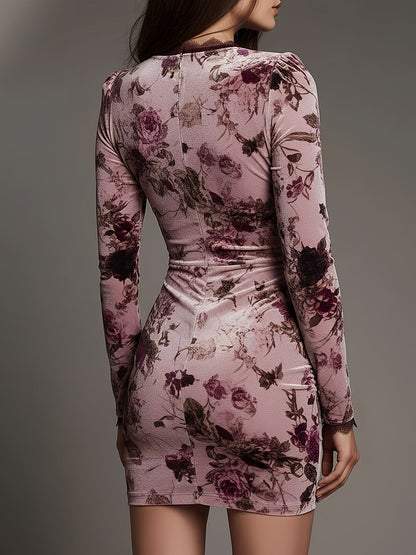 Lace-trimmed printed long-sleeved V-neck bodycon mini dress