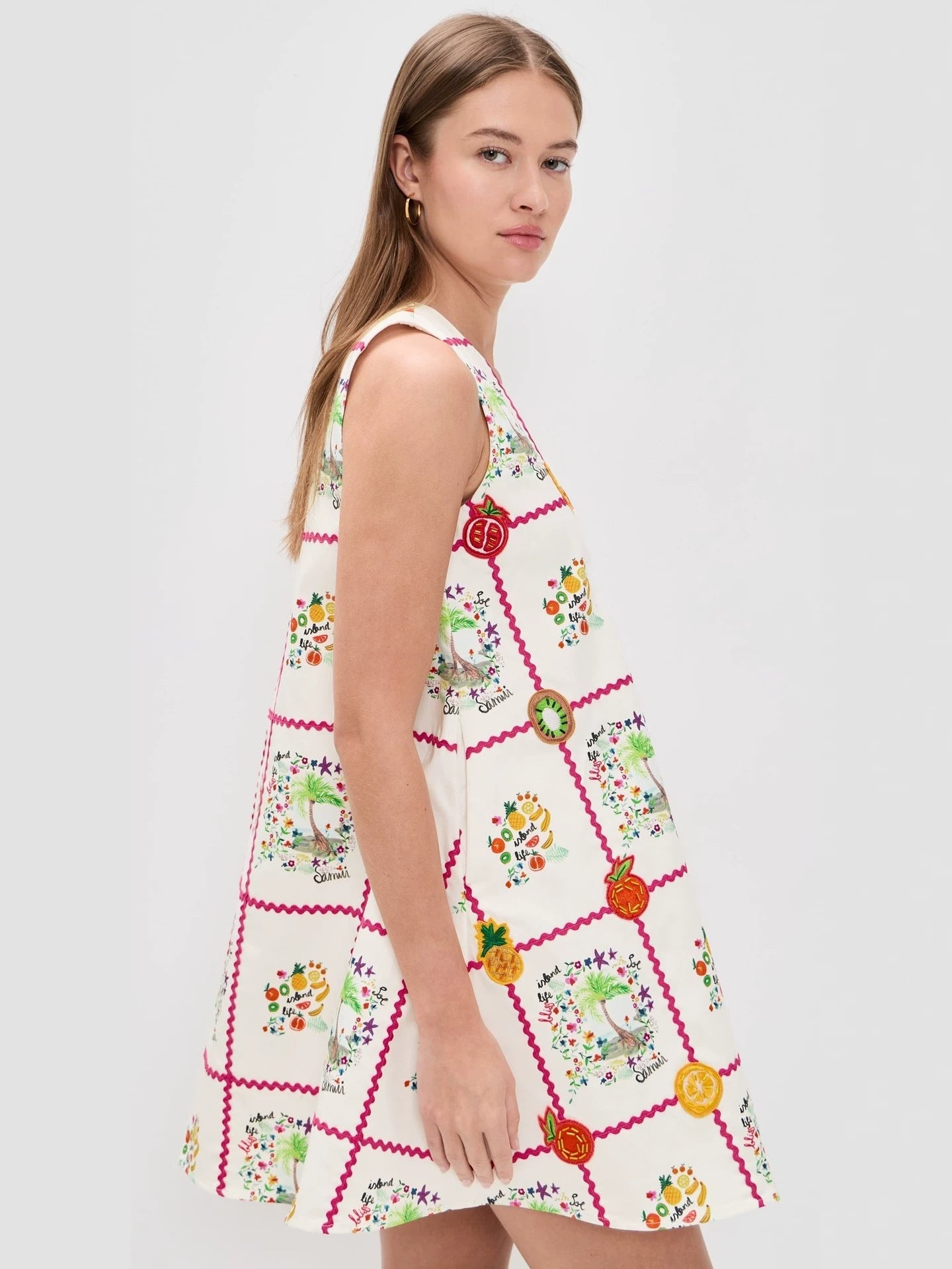 sleeveless V-neck digital print mini dress - white
