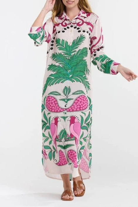 Parrot Palm Print Loose Shirt maxi Dress