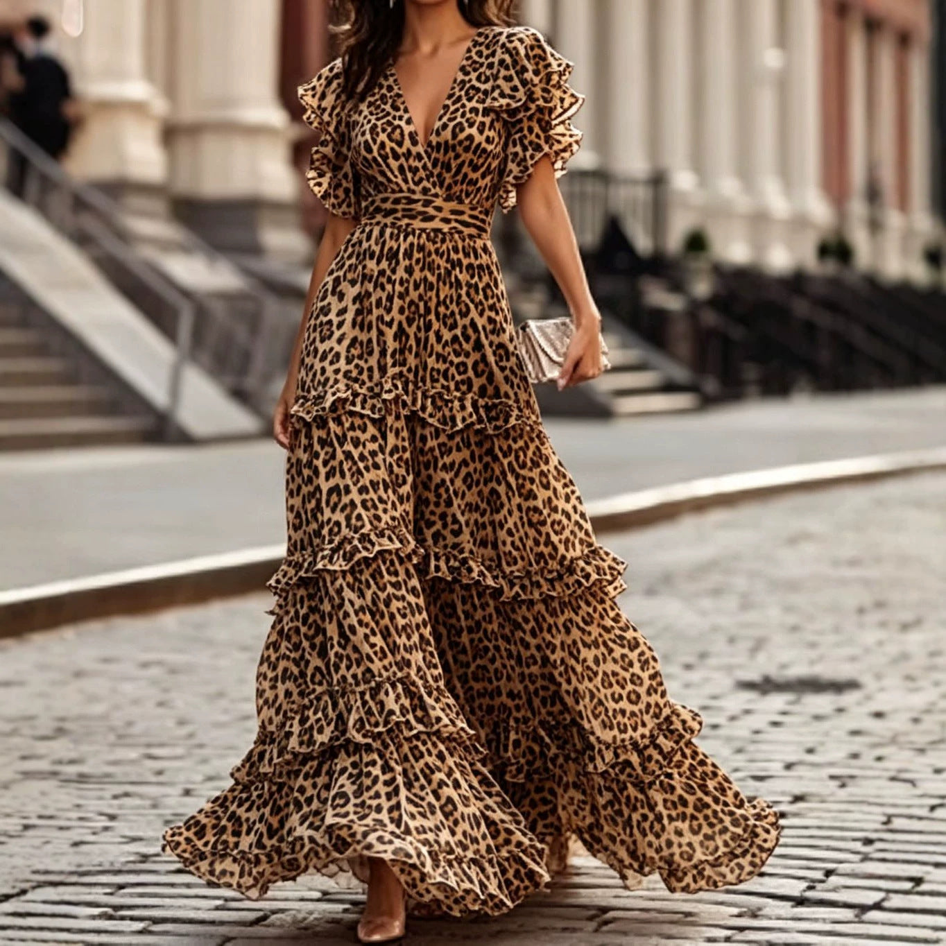 V-neck double-layered ruffled maxi dress