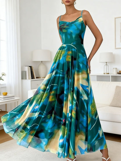 Swing Collar Strap Printed Chiffon Large Hem Waist-Cinching Dress
