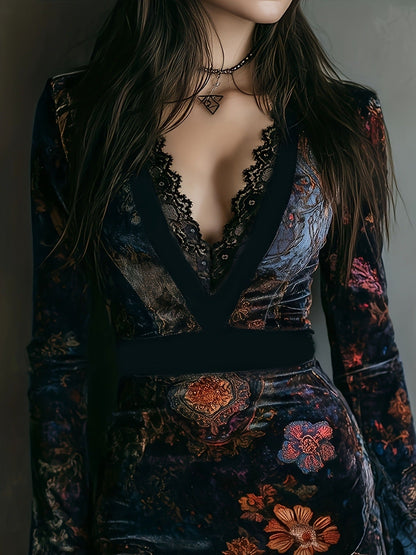V-neck lace-trimmed printed long-sleeved bodycon mini dress