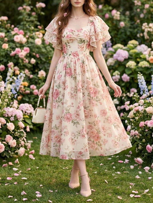 Square neck puff sleeve floral print midi dress
