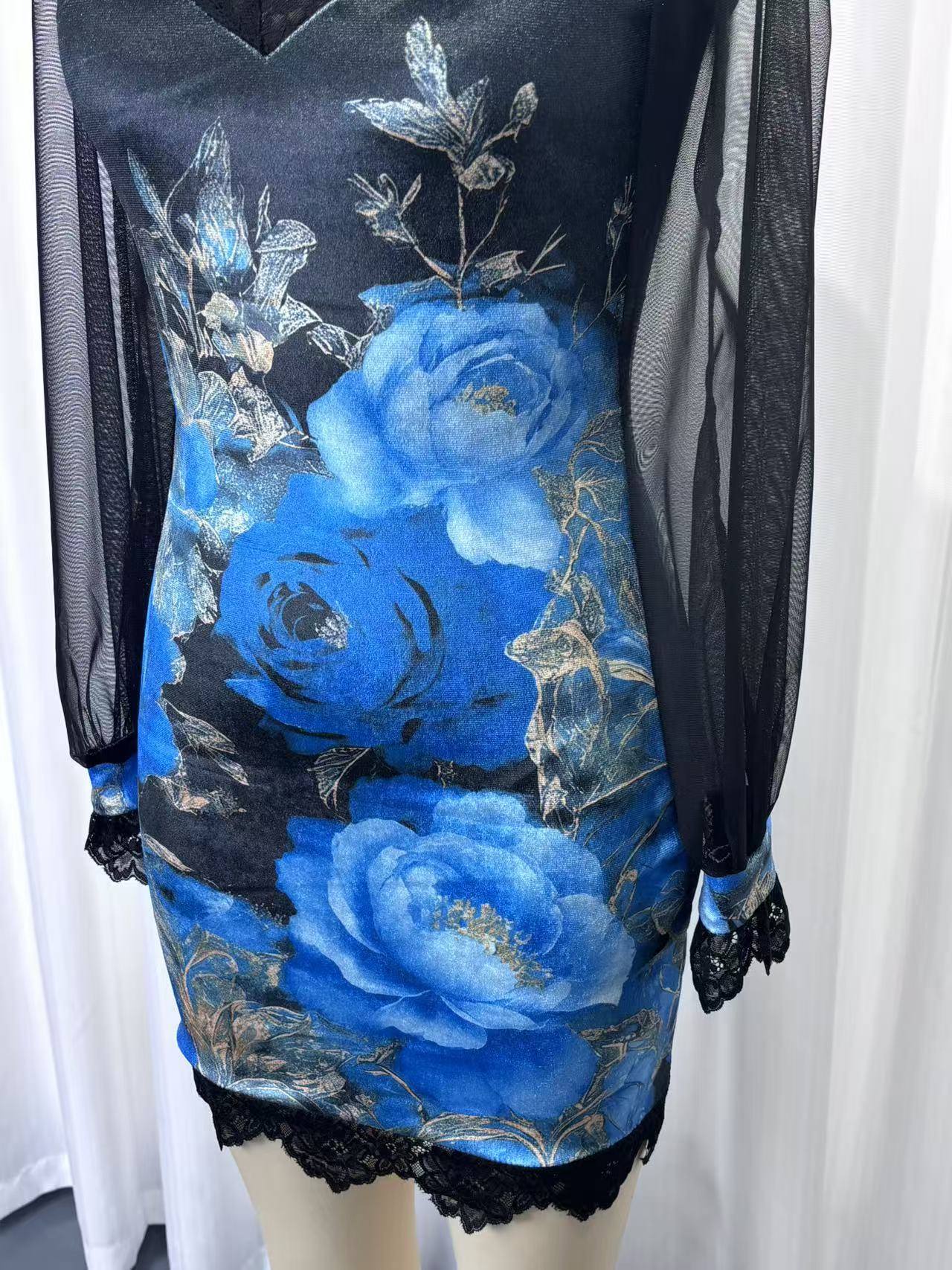 Lace trim and printed mesh bodycon mini dress