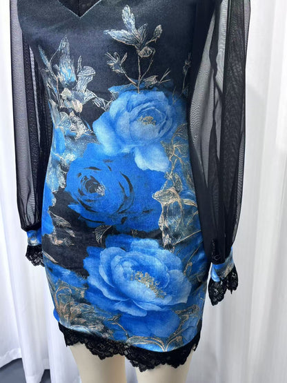 Lace trim and printed mesh bodycon mini dress