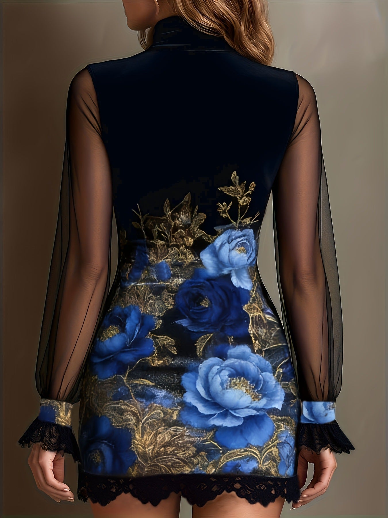 Lace trim and printed mesh bodycon mini dress