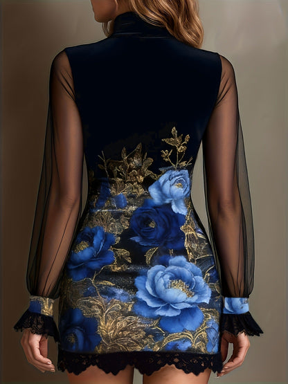 Lace trim and printed mesh bodycon mini dress