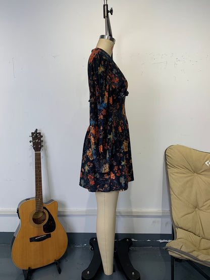 Floral print V-neck velvet mini dress