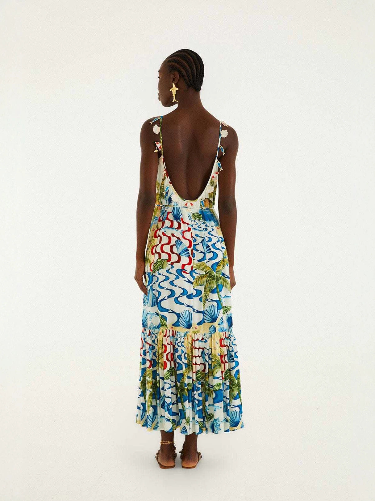 printed lace-up halter backless maxi dress