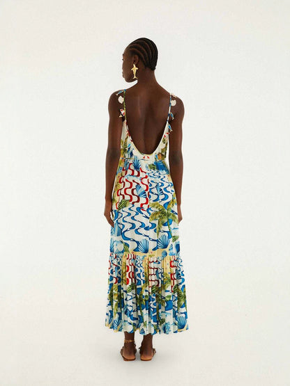 printed lace-up halter backless maxi dress