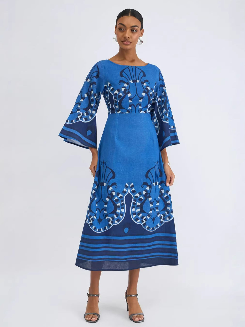 Printed Flare Sleeve midi dress - blue