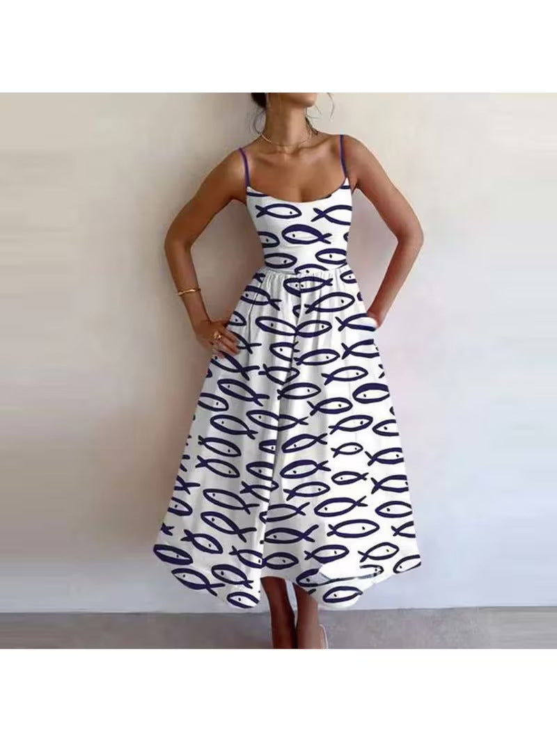 Marine life print sleeveless camisole midi dress