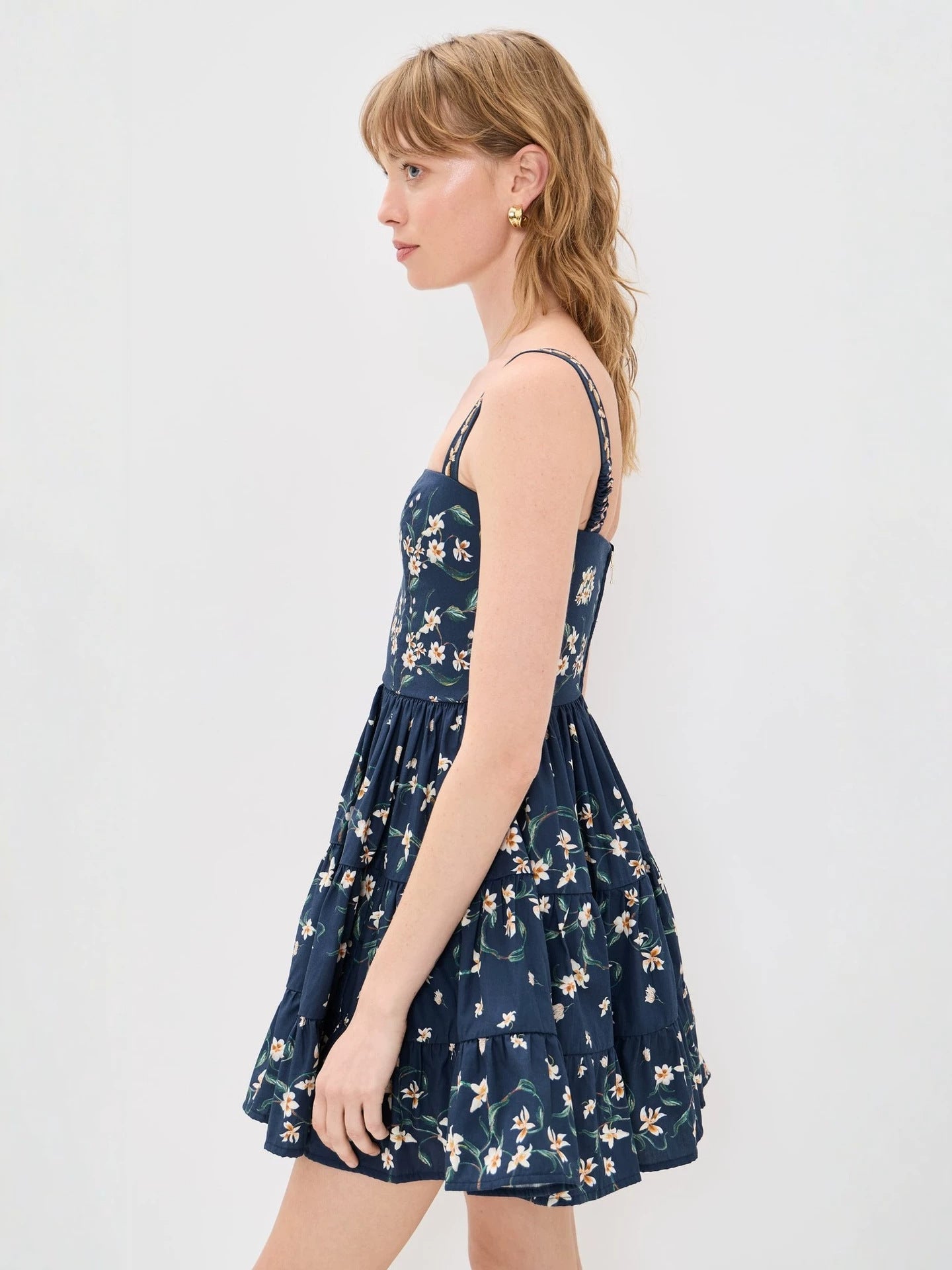 strapless backless floral print layered mini dress