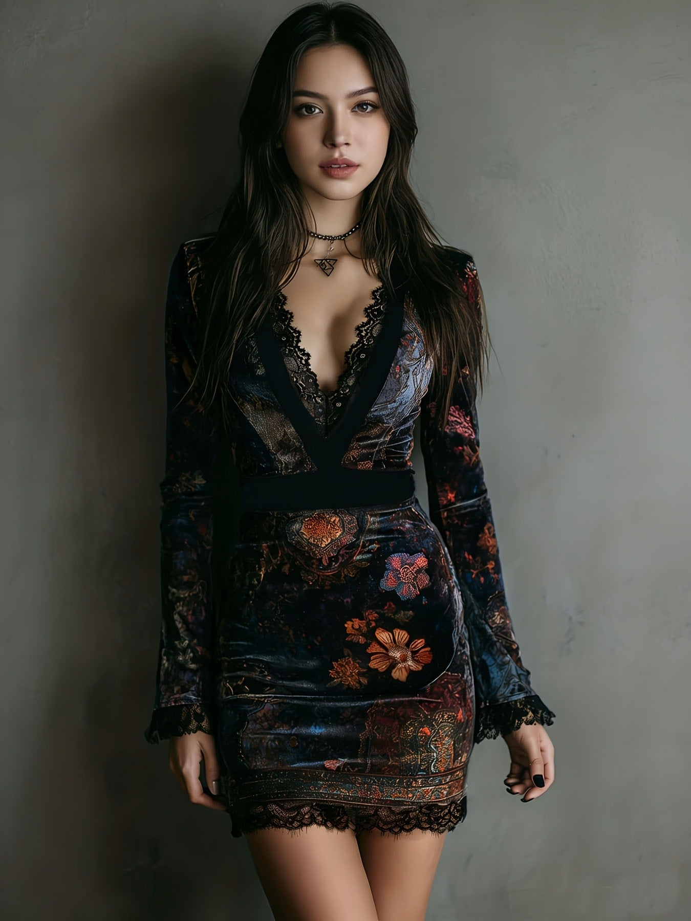 V-neck lace-trimmed printed long-sleeved bodycon mini dress