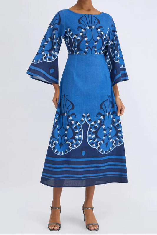 Printed Flare Sleeve midi dress - blue