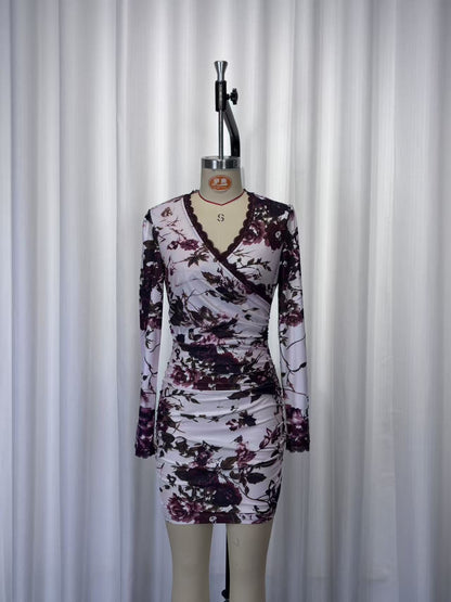 Lace-trimmed printed long-sleeved V-neck bodycon mini dress