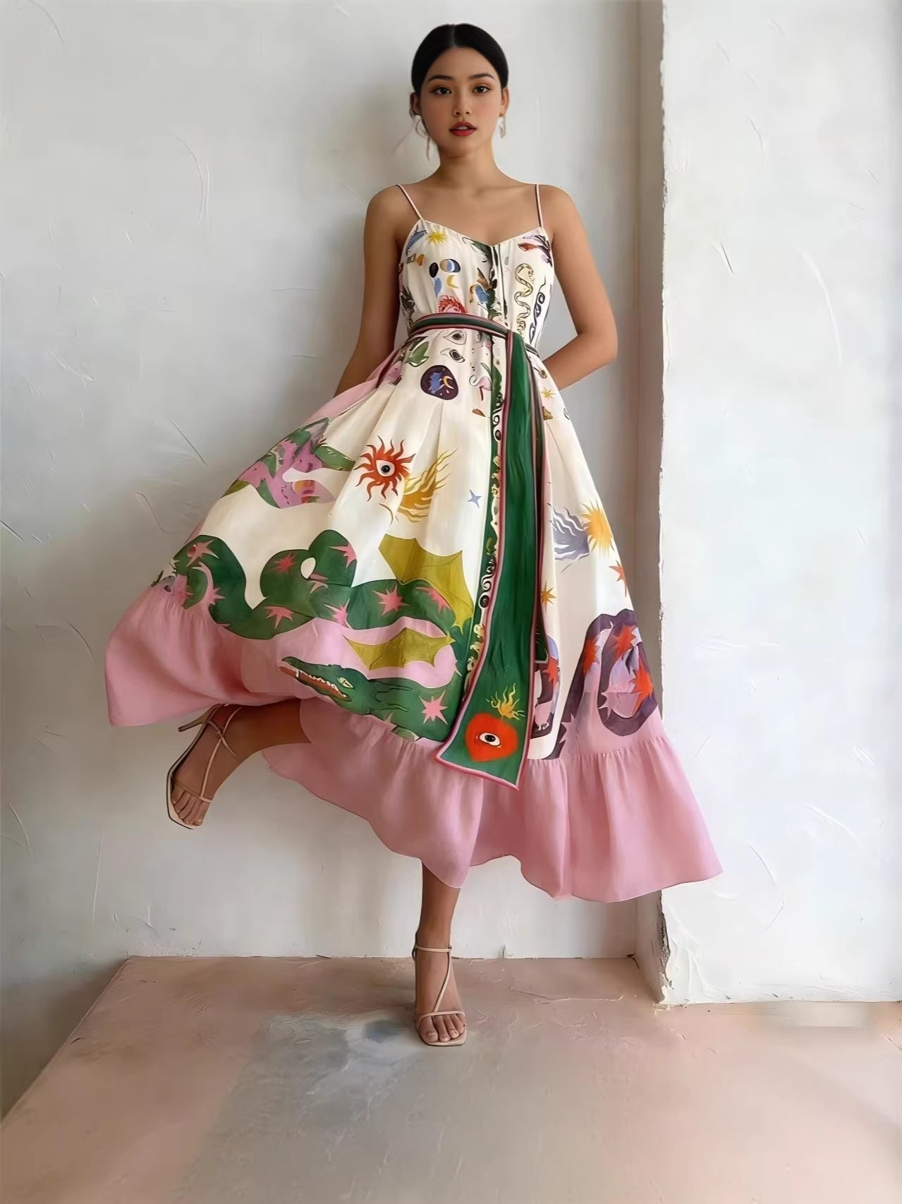 Printed camisole full-sweep maxi dress with ruffled