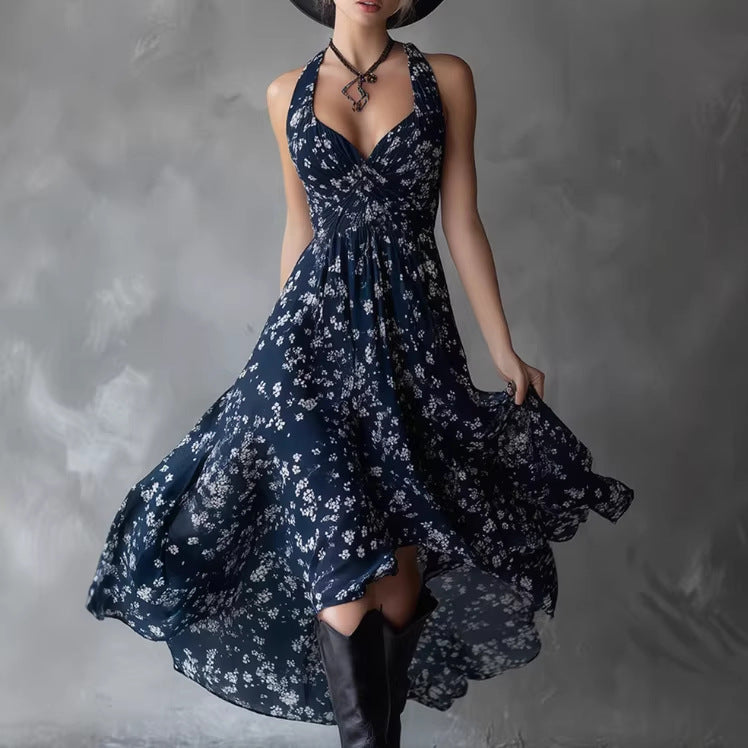 Off-shoulder halter floral print maxi dress