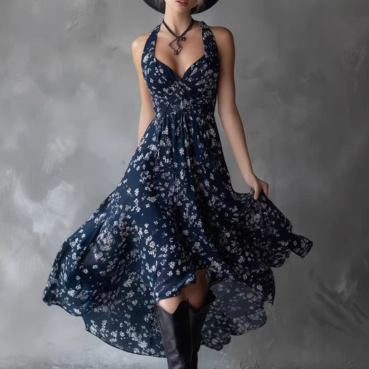 Off-shoulder halter floral print maxi dress