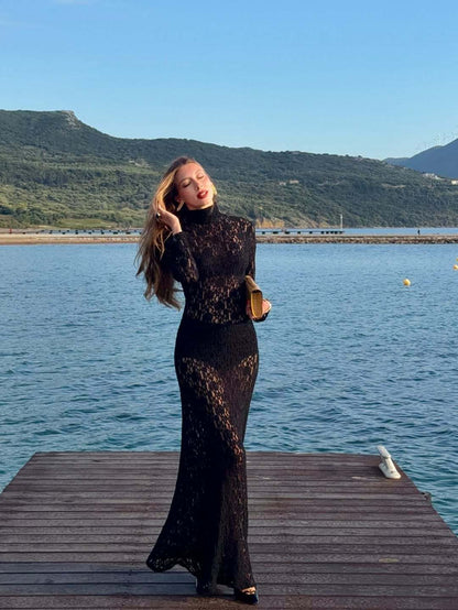 Black Lace Long-Sleeve Maxi Dress Premium Fabric - product view 2