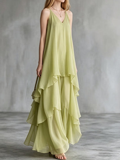 Flowy layered sleeveless slip tulle midi dress