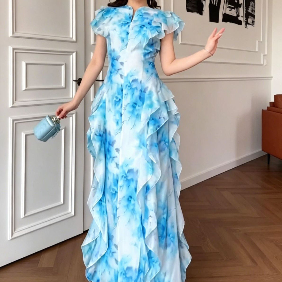 Floral print flutter sleeves fishtail maxi dress - Pink / Blue / Yellow