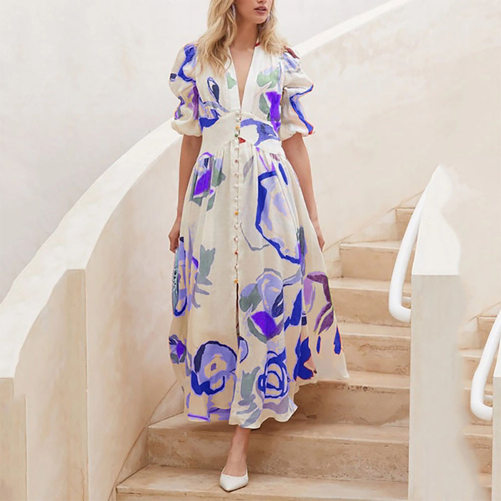 Watercolor Floral Printed Puff Sleeve Button Maxi Dress