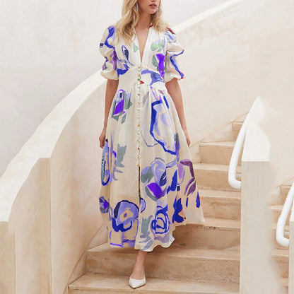 Watercolor Floral Printed Puff Sleeve Button Maxi Dress
