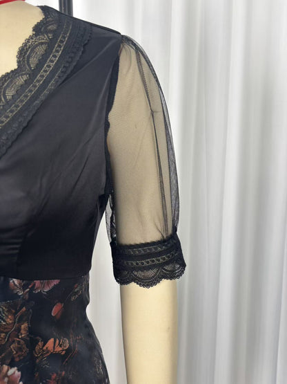 Lace mesh patchwork V-neck printed bodycon mini dress