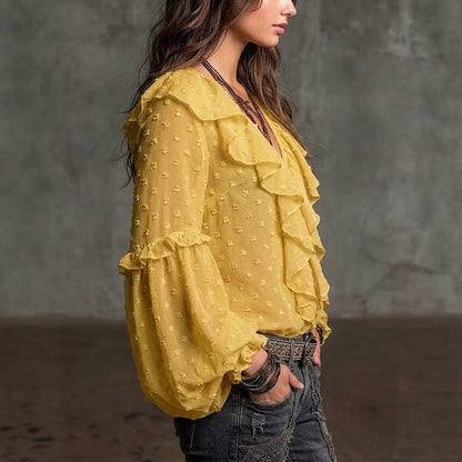 Polka dot print ruffle shirt - yellow