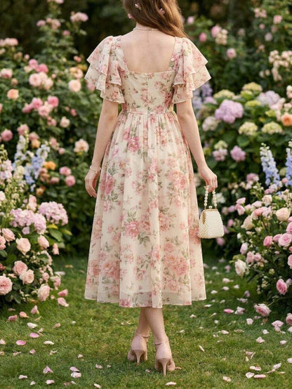 Square neck puff sleeve floral print midi dress